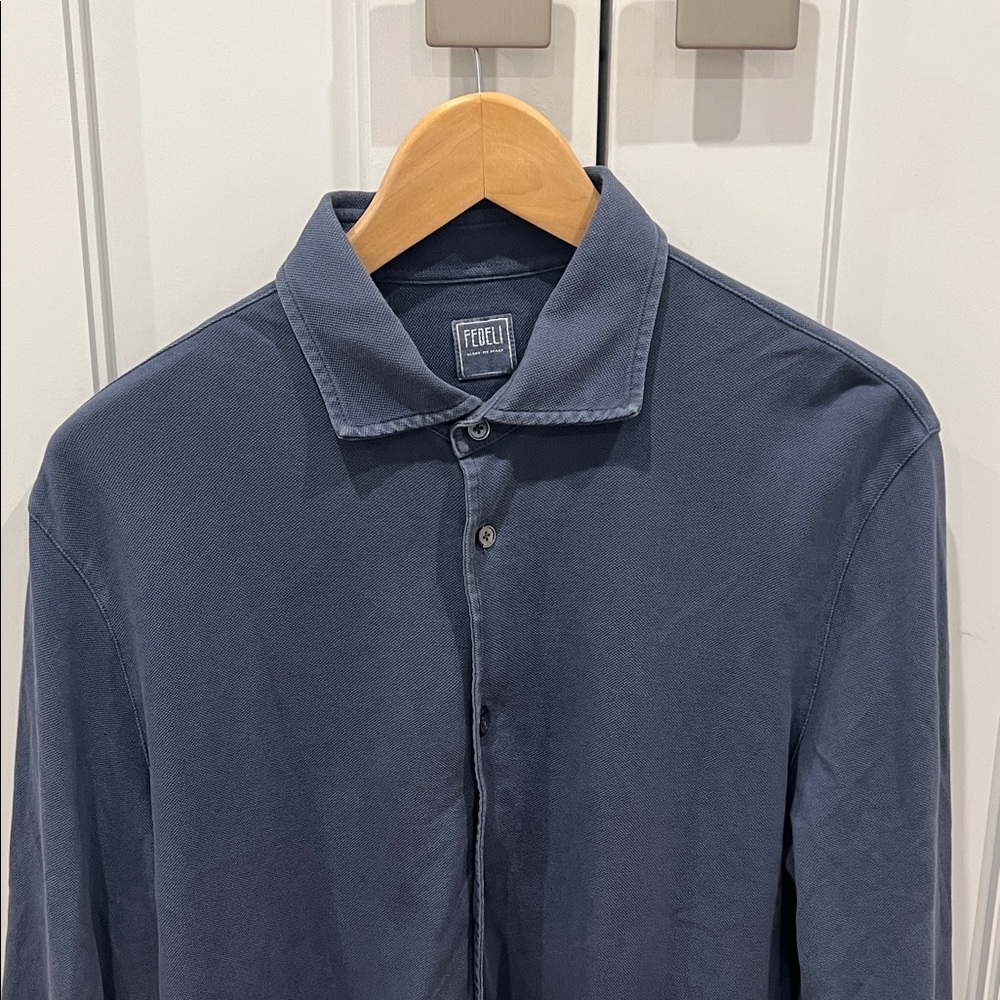 FEDELI Blue Gray Button-Up Polo Shirt